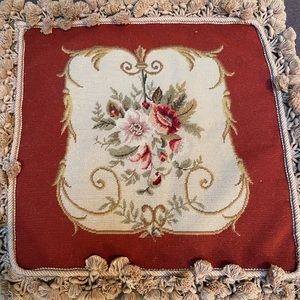 Needlepoint Wool Antique French Floral Accent Pillow 17”